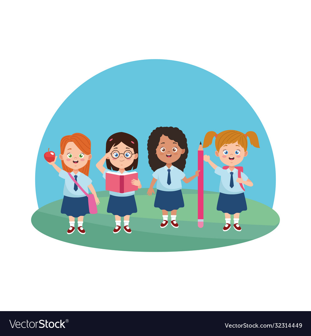 Little students girls with uniforms characters Vector Image