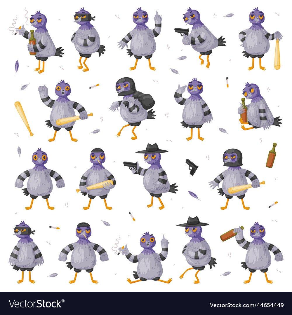 Pigeon bandit character with bat and handgun Vector Image