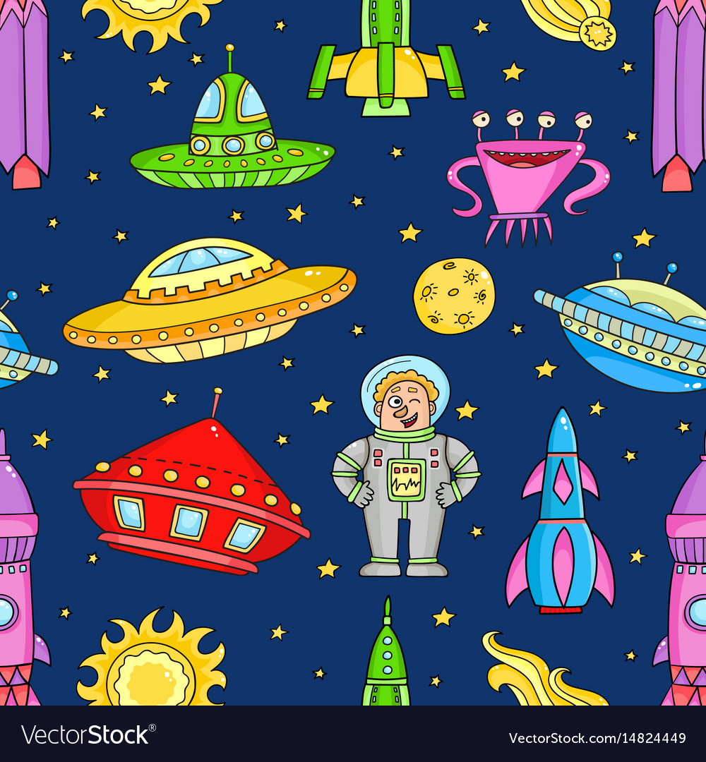 Seamless pattern with space objects ufo rockets