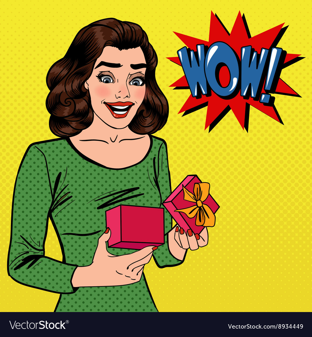 Woman with gift excited present Royalty Free Vector Image