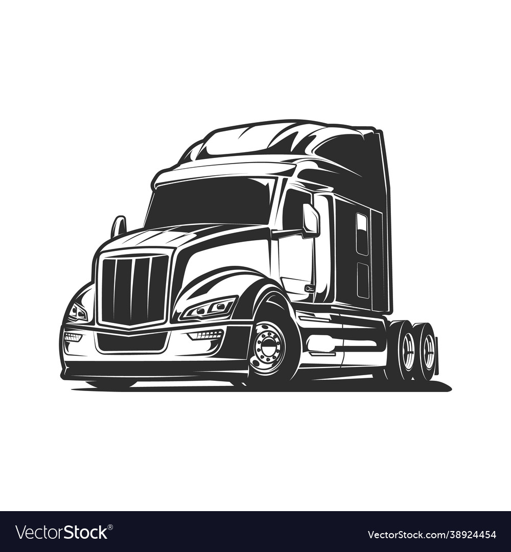 Big rig truck black and white Royalty Free Vector Image