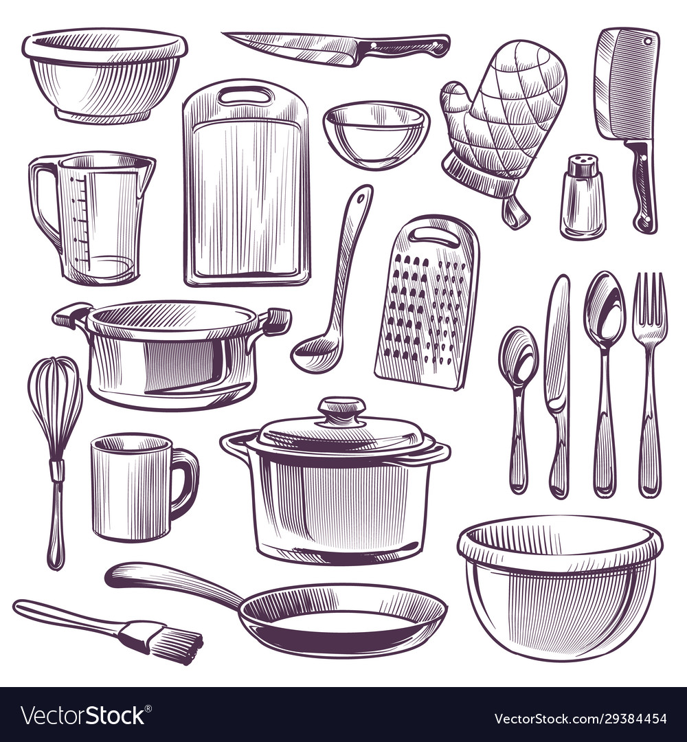 https://cdn5.vectorstock.com/i/1000x1000/44/54/kitchen-utensils-sketch-cooking-equipment-frying-vector-29384454.jpg