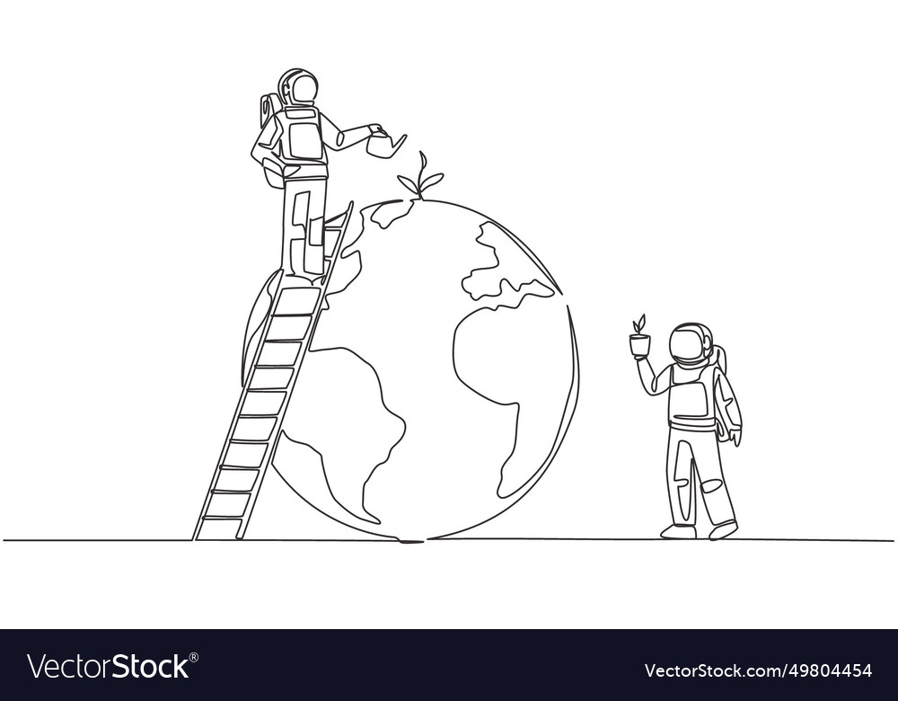 Single continuous line drawing two astronauts