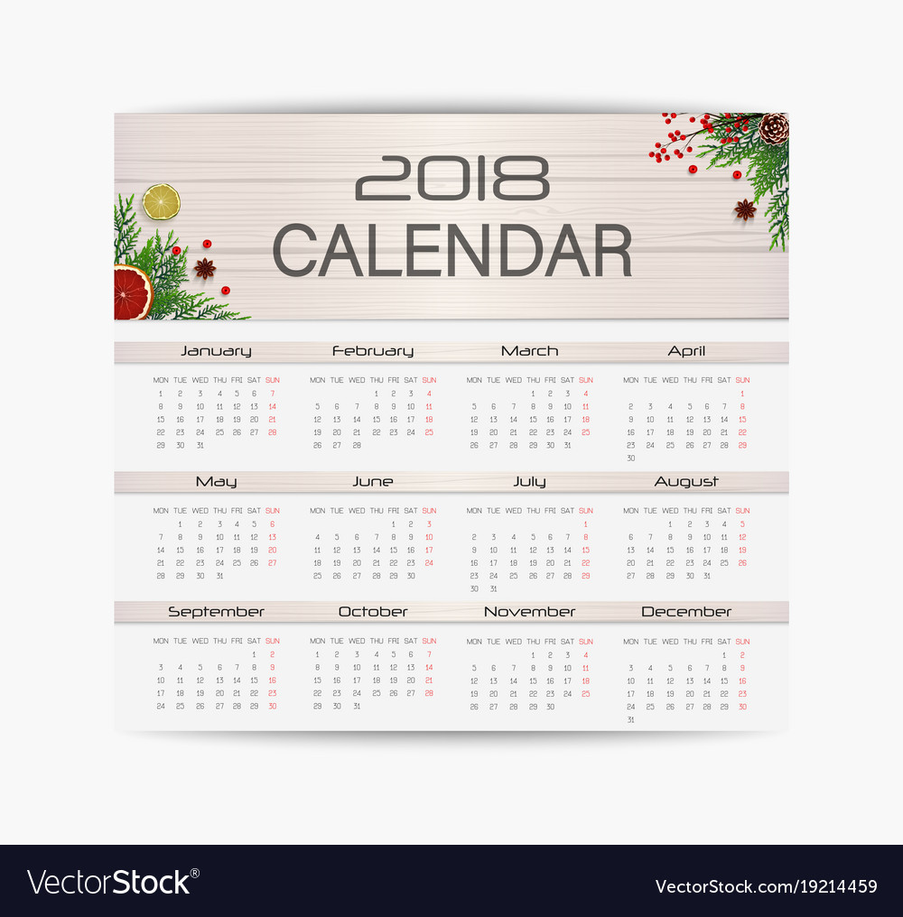 Calendar design template for 2018 year week start