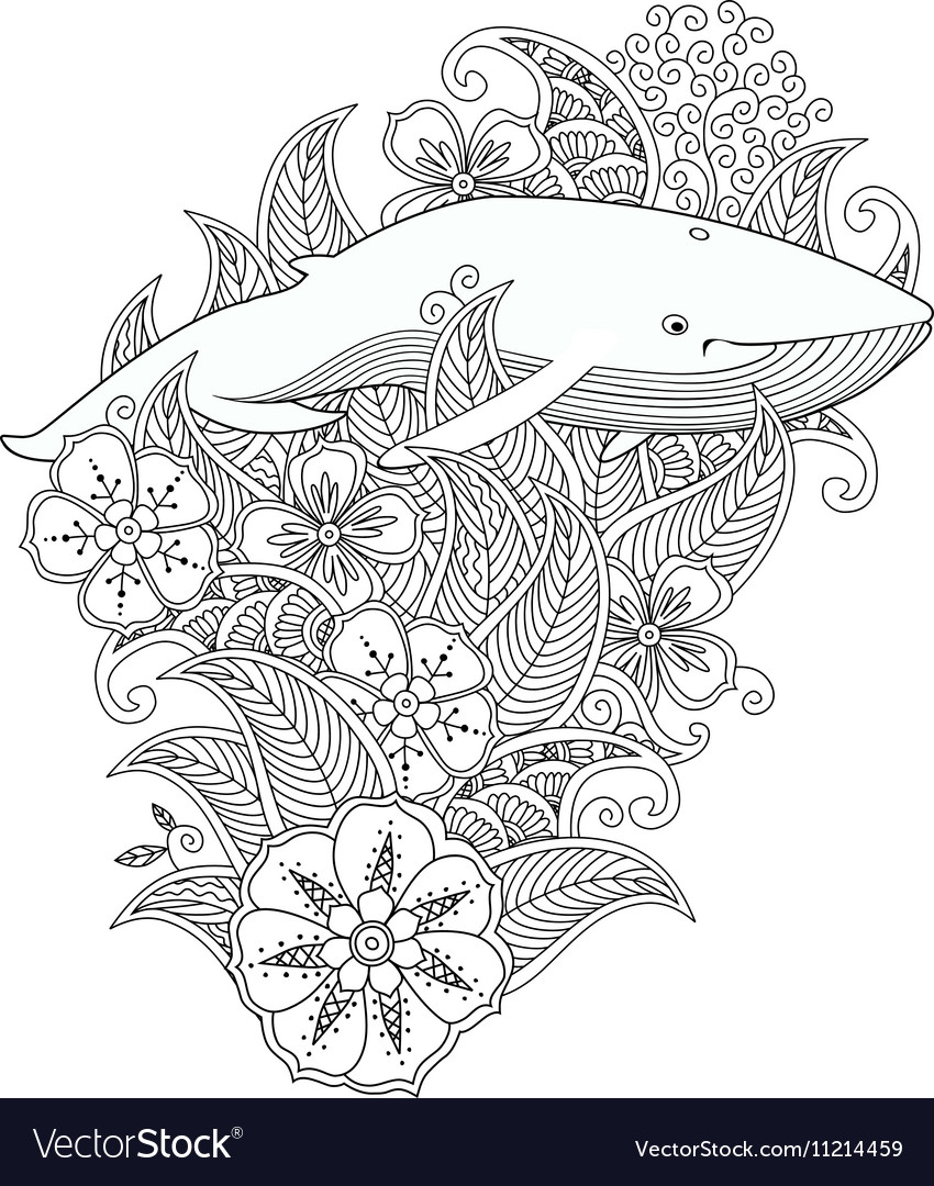 Coloring page with whale in flowers and leafs