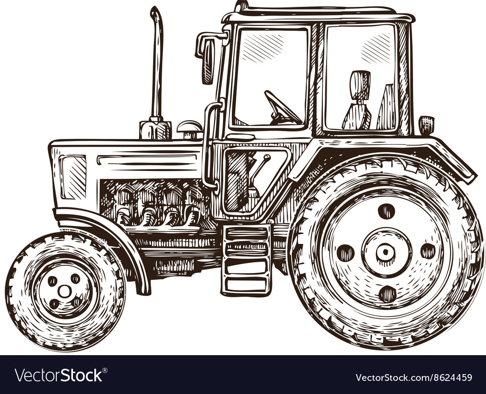 Farm tractor sketch hand drawn Royalty Free Vector Image