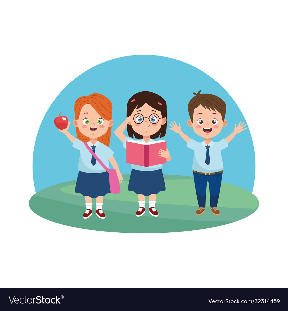 Little students with uniforms characters Vector Image