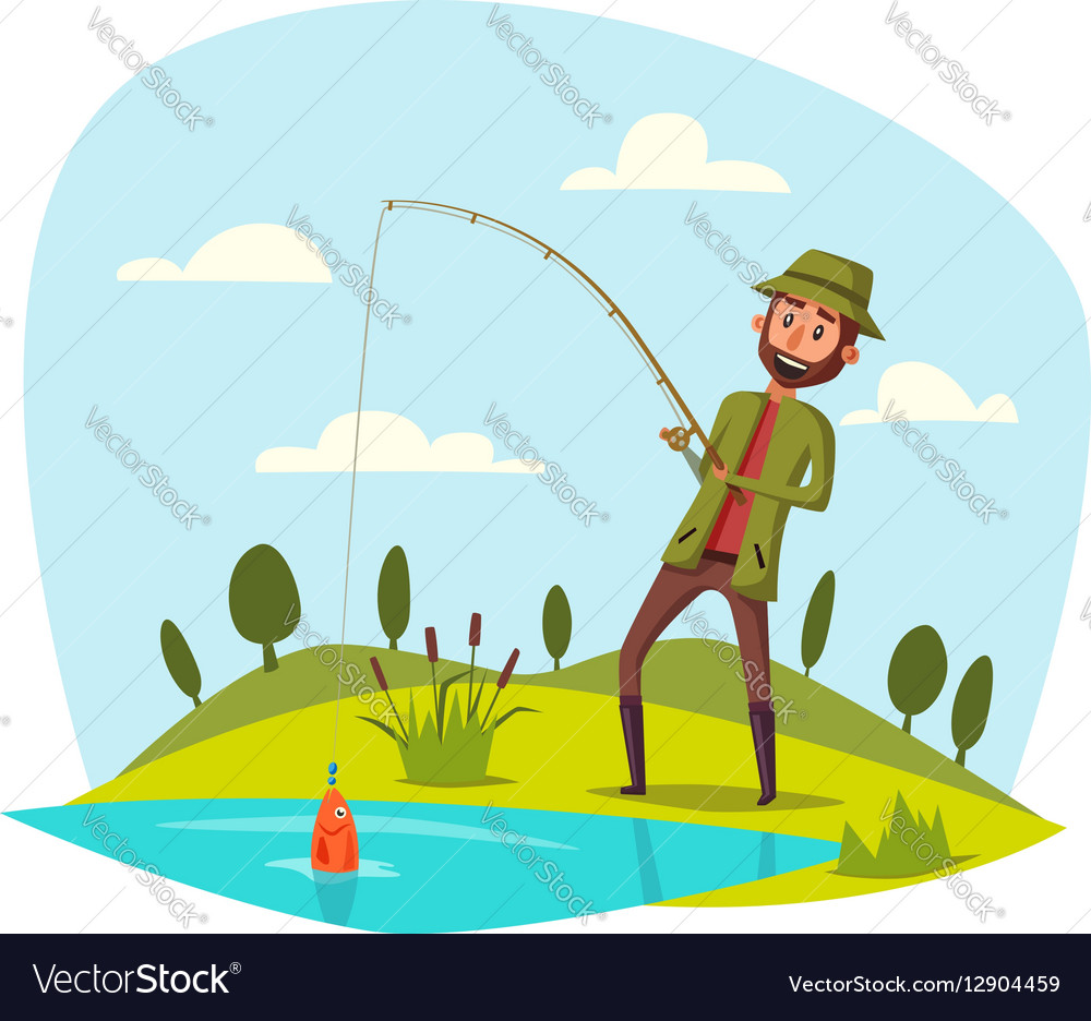 Man fishing with rod catching fish on hook Vector Image