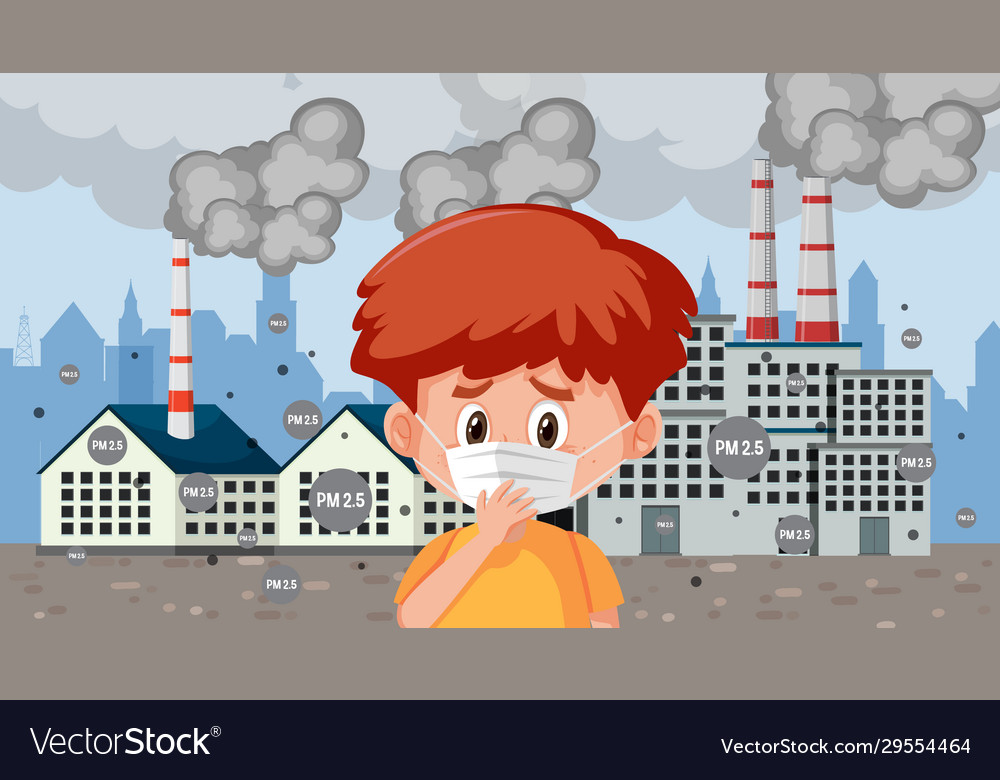 Boy Wearing Mask In City With Factory Smoke Vector Image