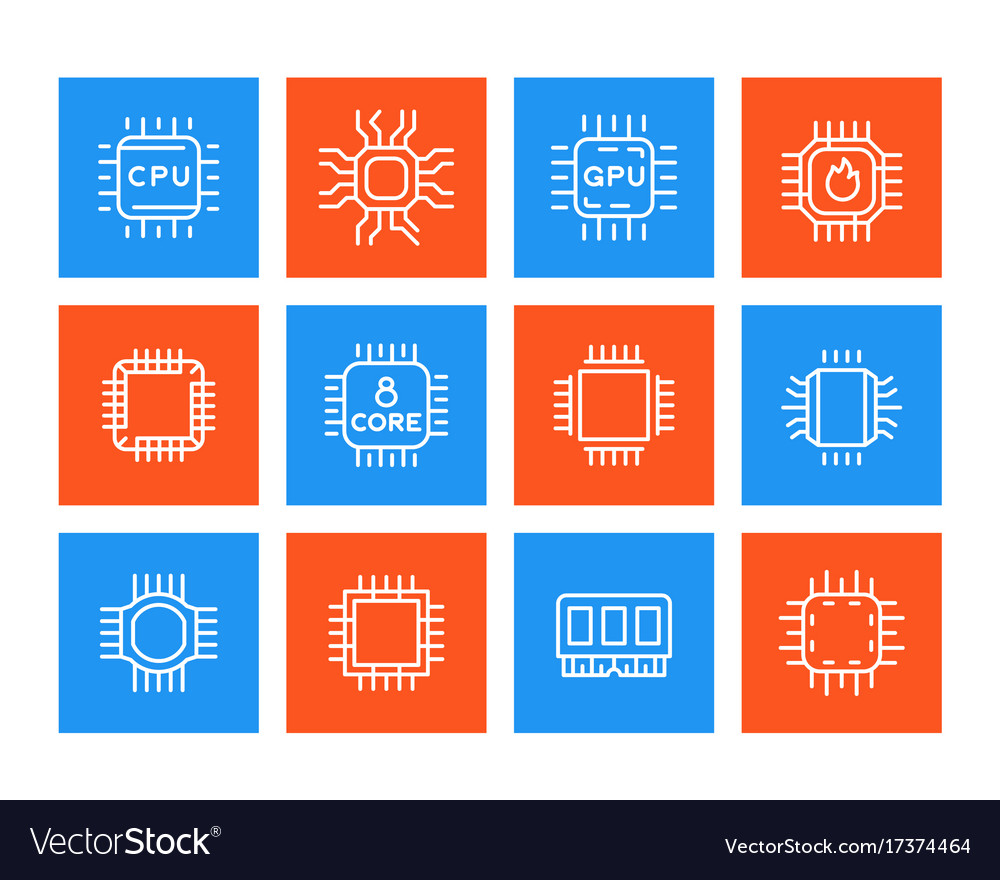 Chipset microchip cpu line icons set