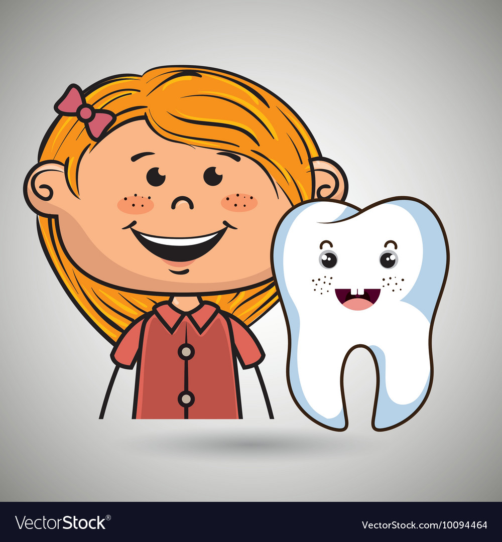 Smilling blonde girl with a smiling tooth on her