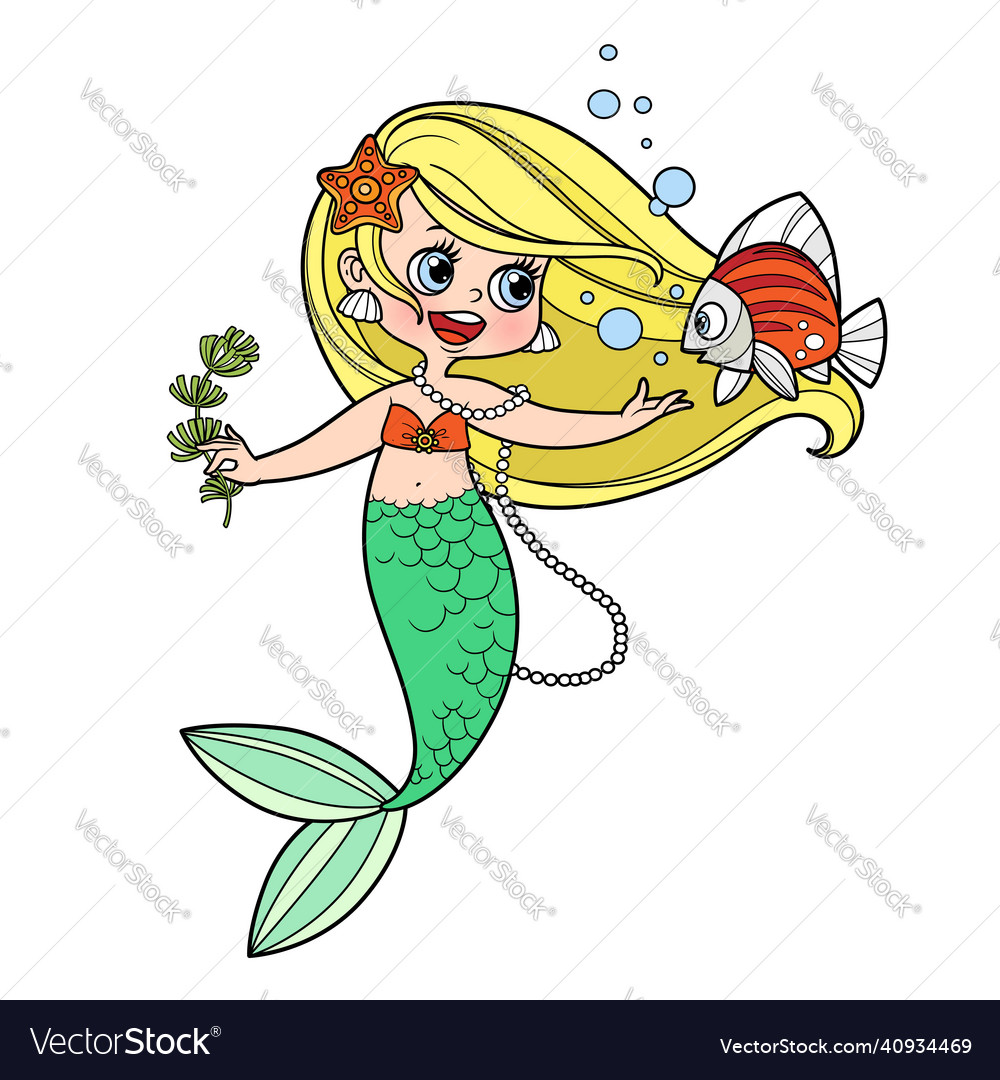 Cute little mermaid girl with seaweed in hand Vector Image