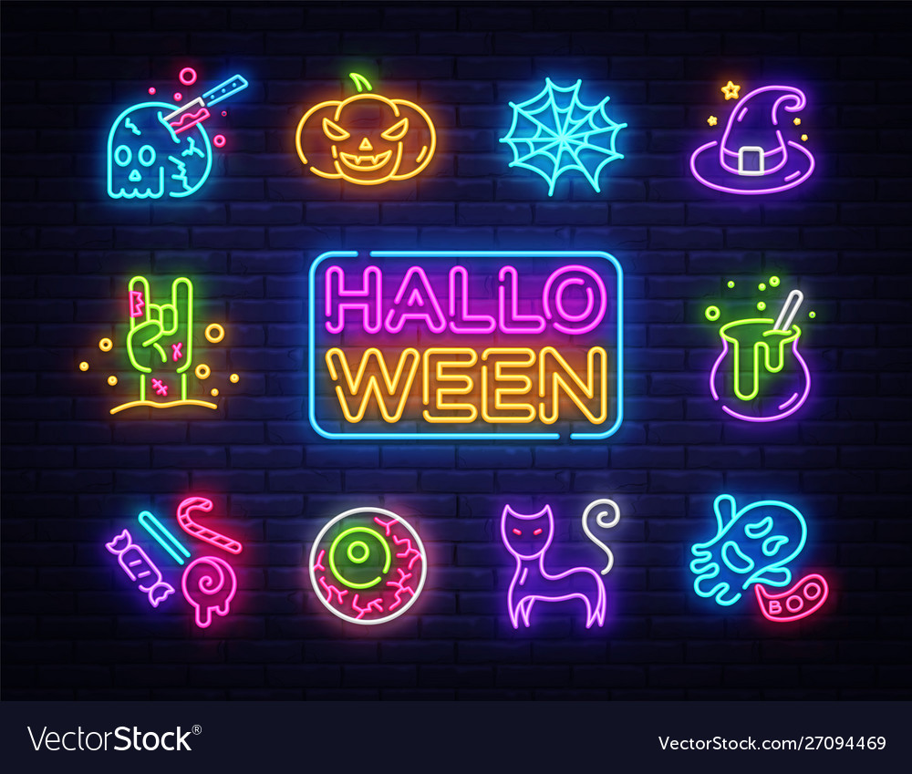 Halloween Neon Icons Set Happy Royalty Free Vector Image