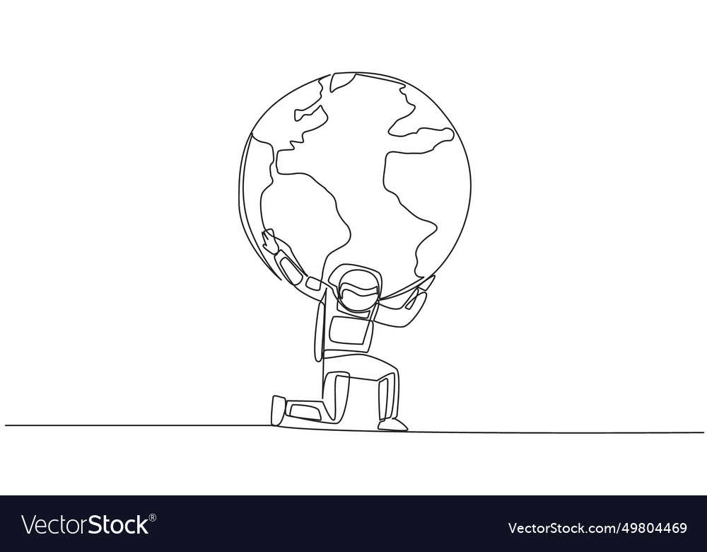 Single one line drawing astronaut kneels while