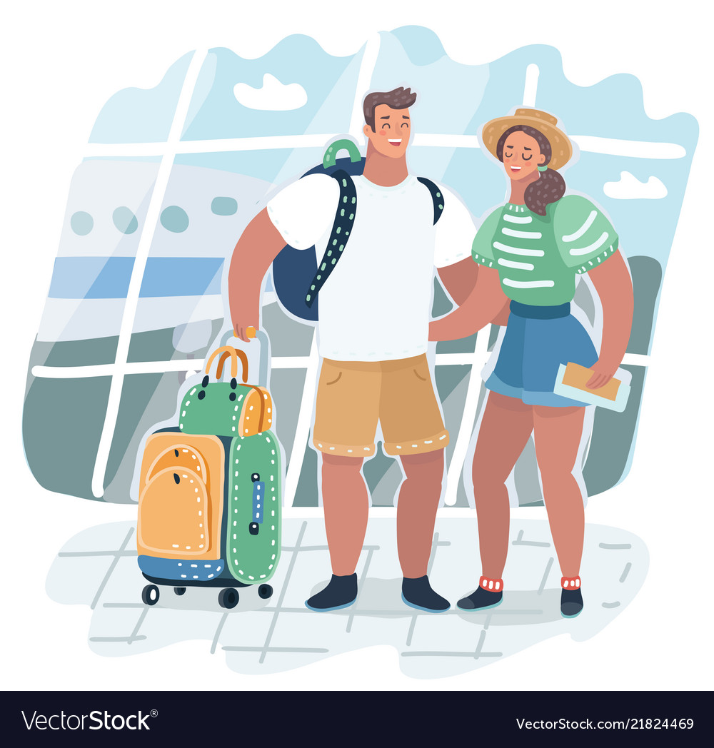 Young couple traveling with travel bag