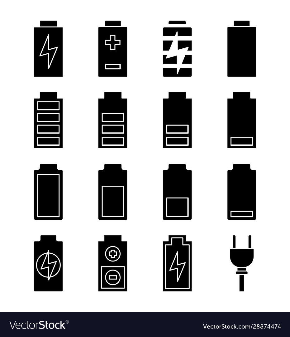 Battery charging glyph icons set Royalty Free Vector Image