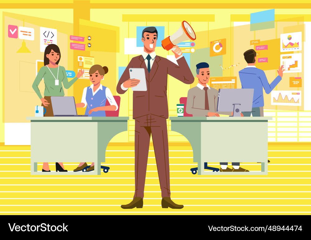 Business Man Shouting Through Loud Speaker Vector Image