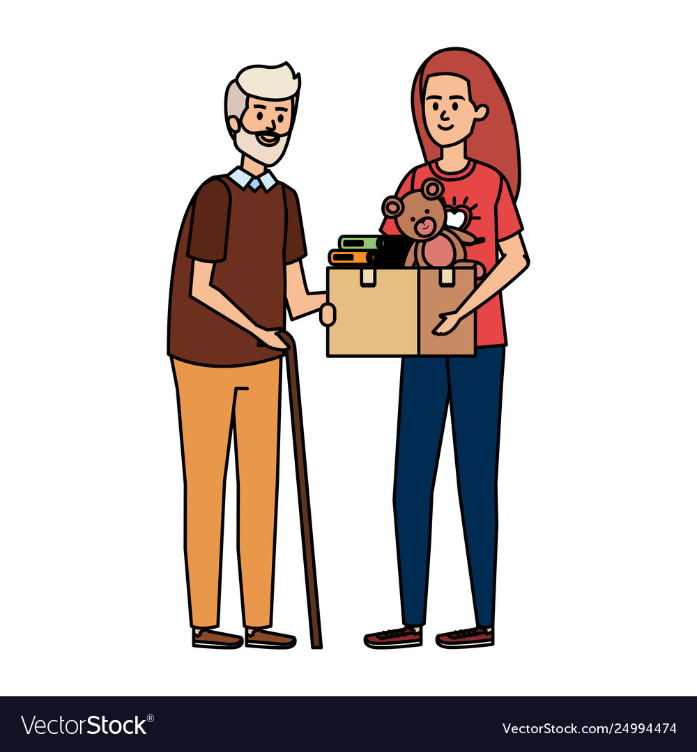 Woman volunteer giving a old man donations box Vector Image