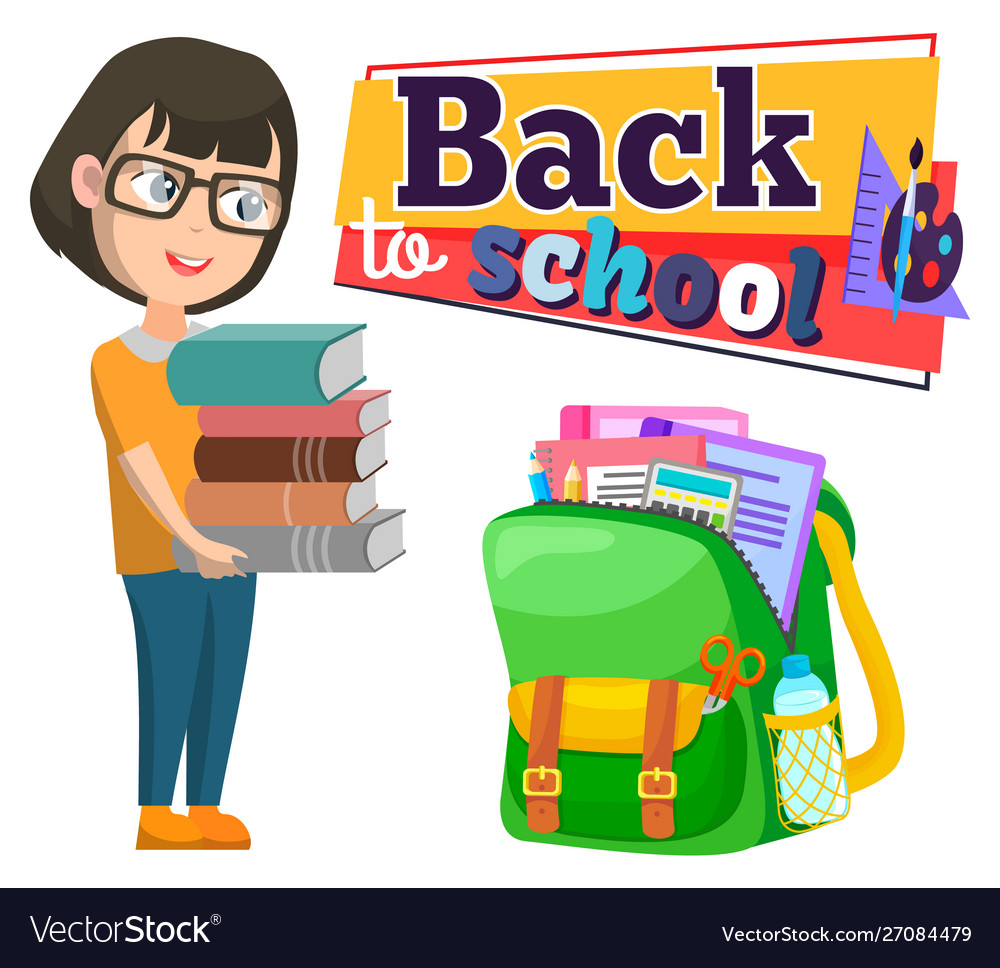 Back to school schoolbag and girl with books pile