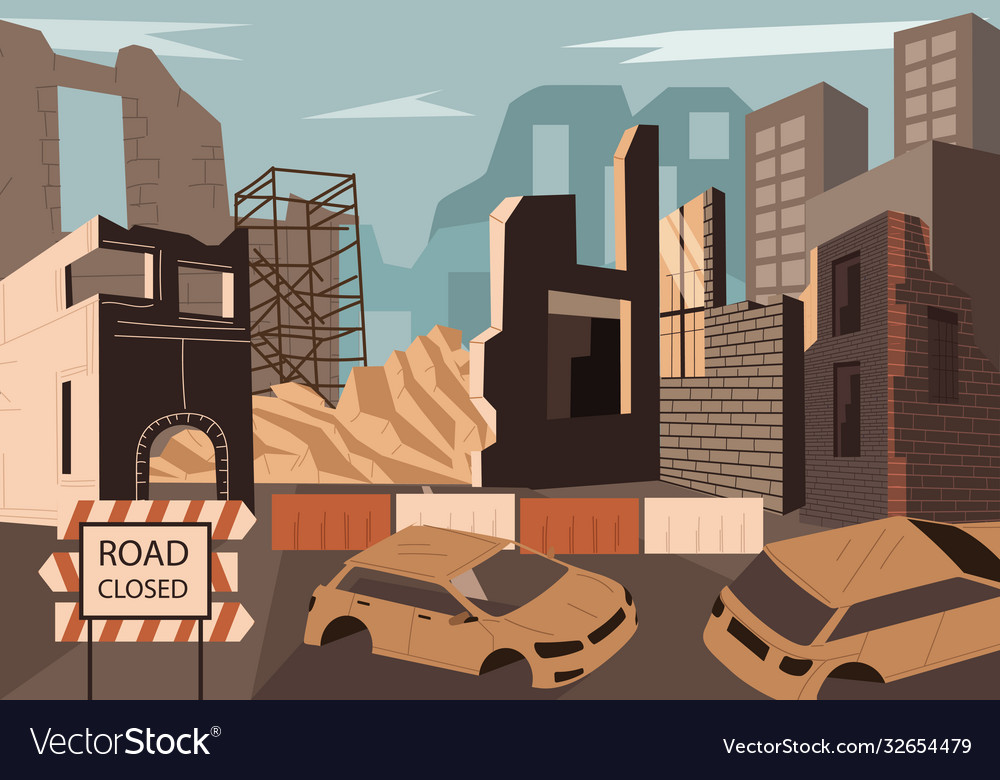 Destroyed town with demolished buildings Vector Image