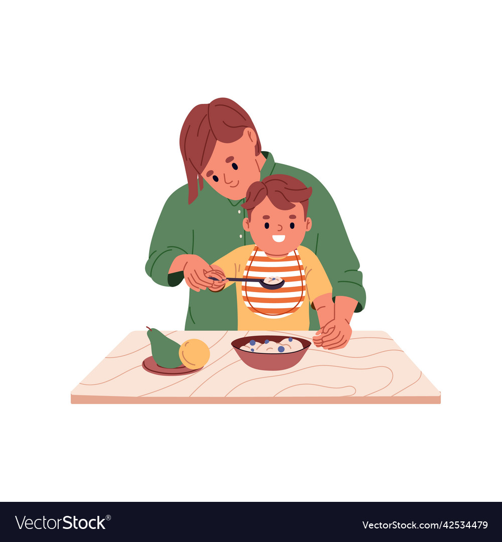 Mom helping kid with food mother feeding child