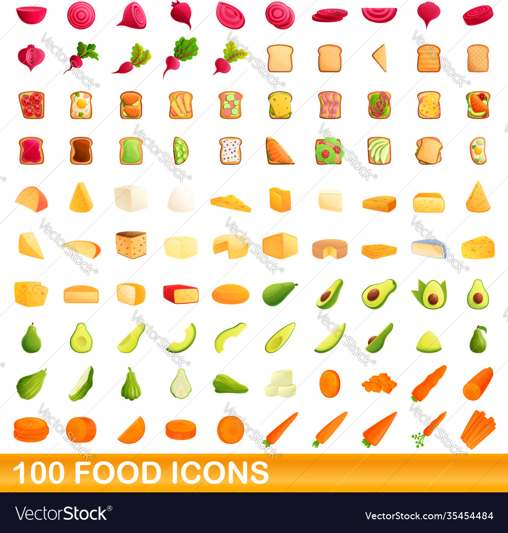 100 food icons set cartoon style Royalty Free Vector Image