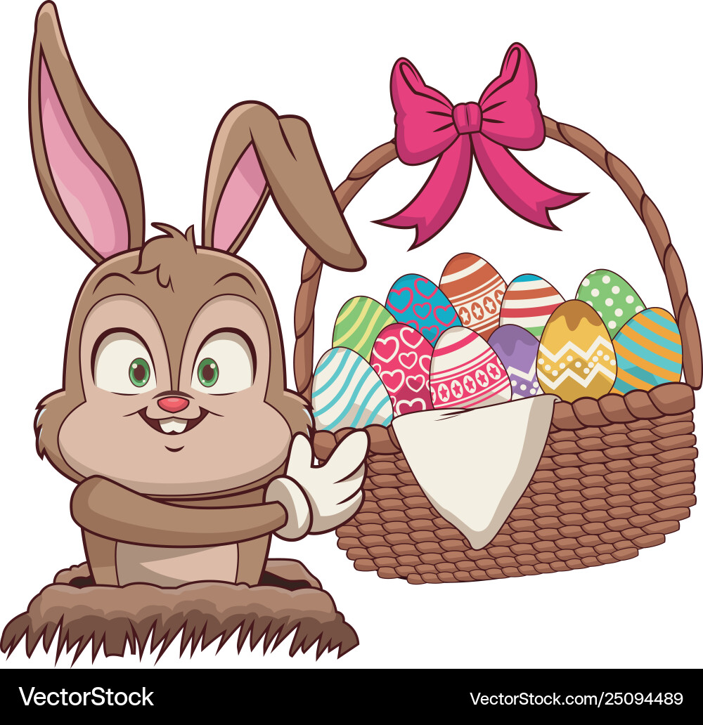 Rabbit with easter eggs in basket Royalty Free Vector Image