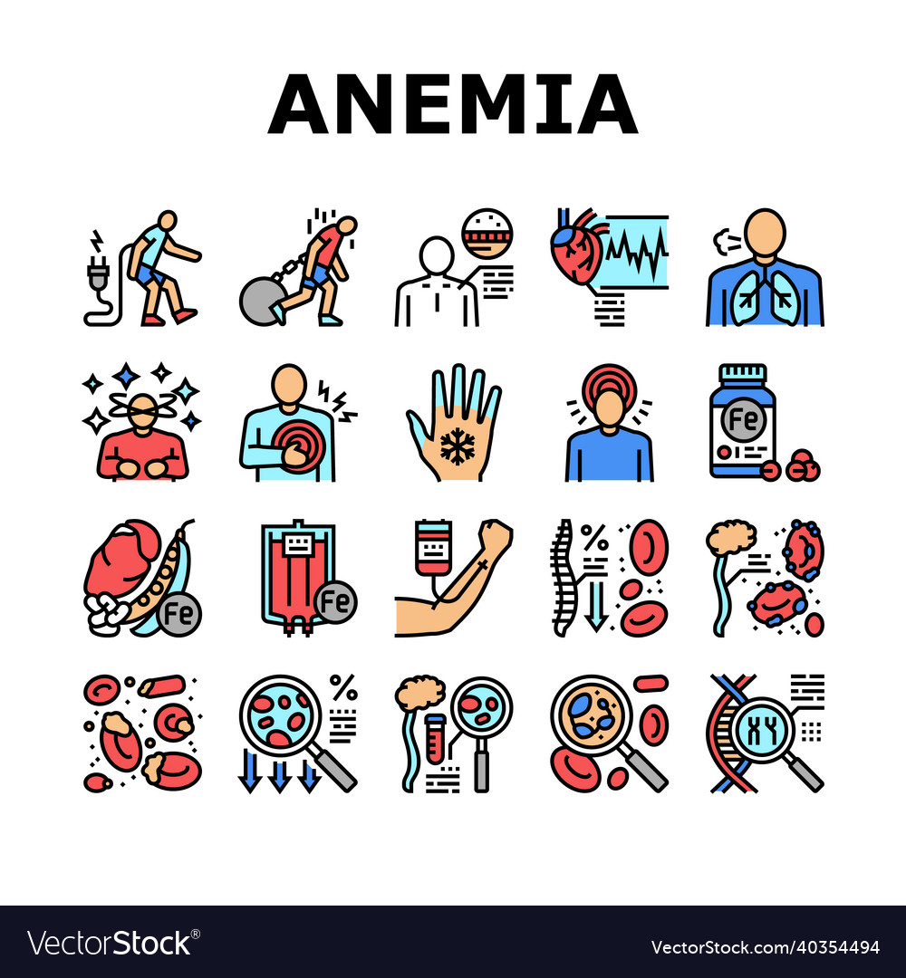 Anemia patient health problem icons set Royalty Free Vector