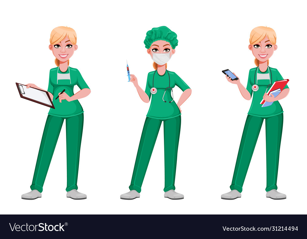 Beautiful Woman Doctor Set Three Poses Royalty Free Vector