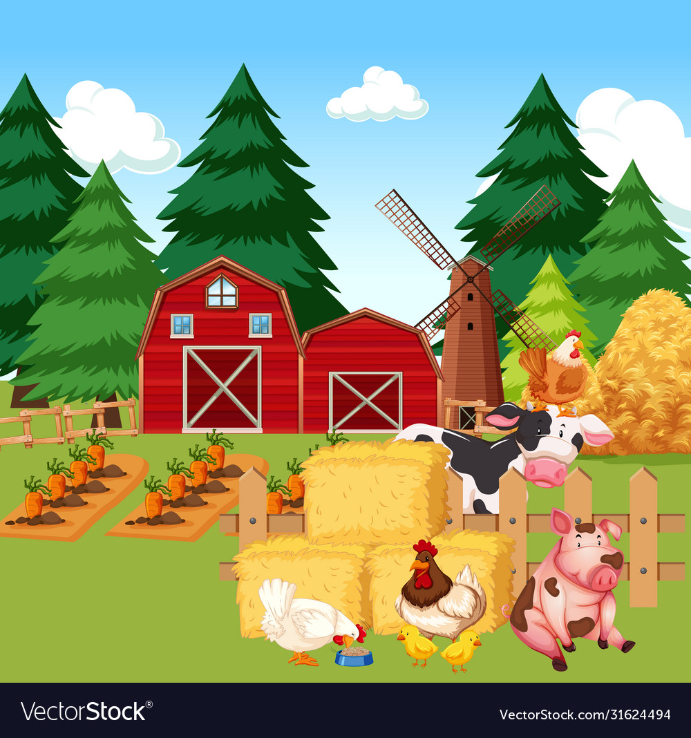 Farm scene with animals on Royalty Free Vector Image