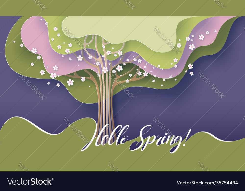 Hello spring card tree with blooming flowers Vector Image