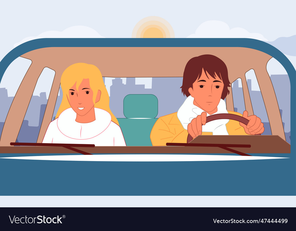 A girl and guy are driving in car around Vector Image