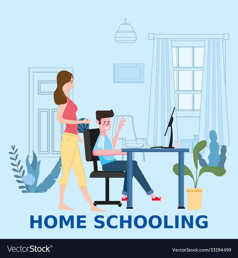 Home schooling online boy studying with computer vector image