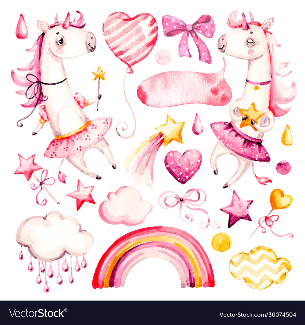 Cute unicorn baby girl watercolor nursery vector image Cute unicorn baby girl watercolor nursery