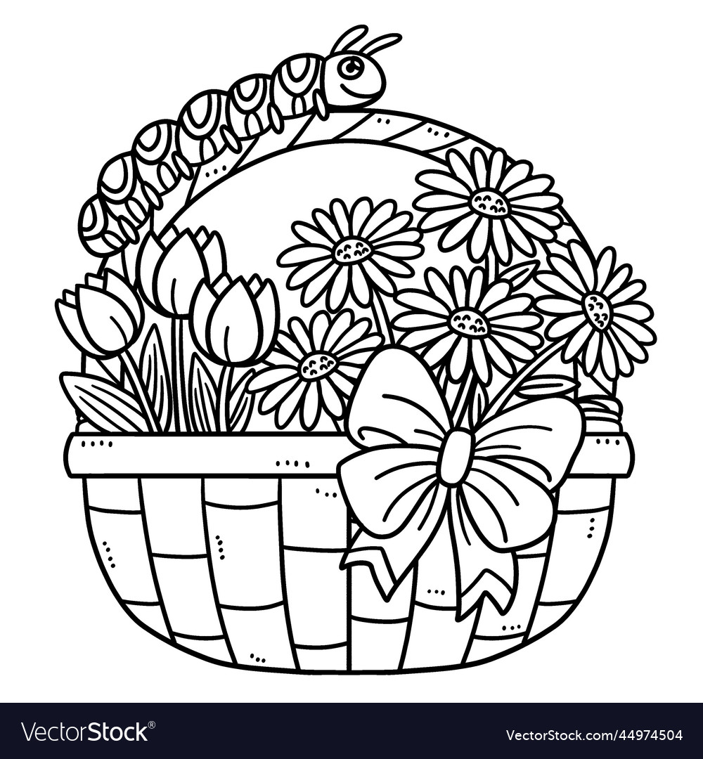 Spring caterpillar and basket of flowers isolated Vector Image