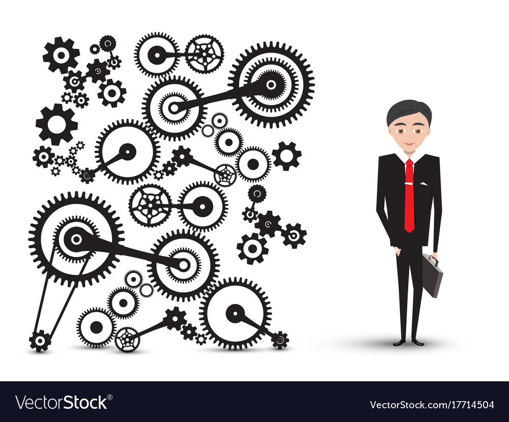 Successful young businessman in suit with cogs