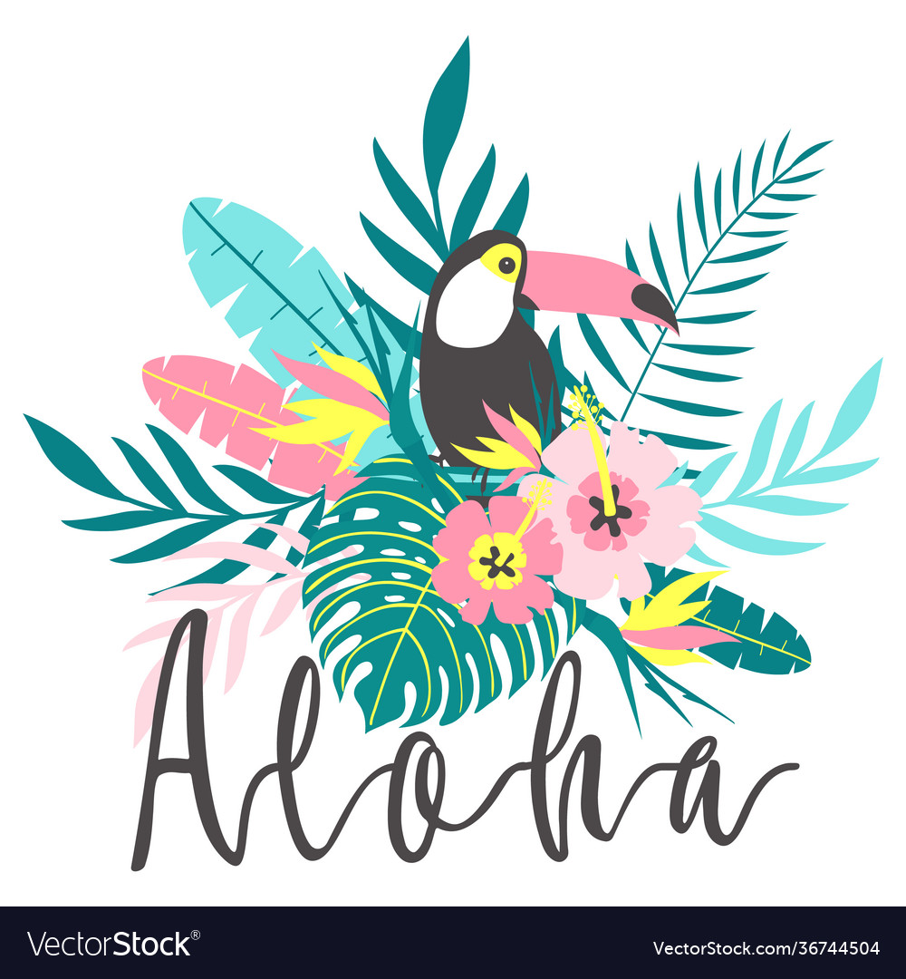 Toucan with tropical flowers palm leaves hibiscus Vector Image