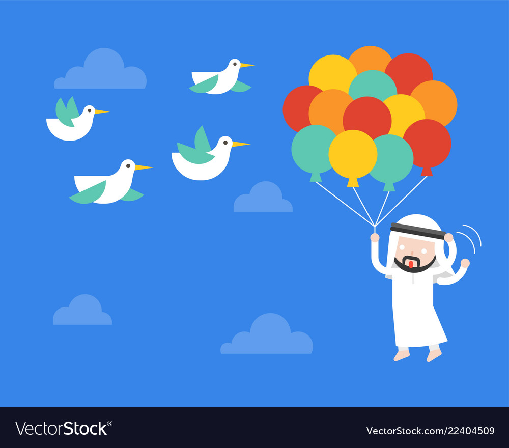 Arab businessman flying with balloon in sky