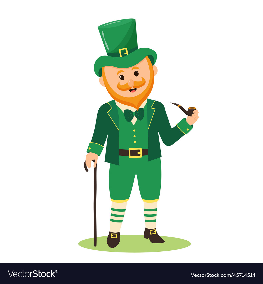 Leprechaun man with a cane holding smoking pipe Vector Image