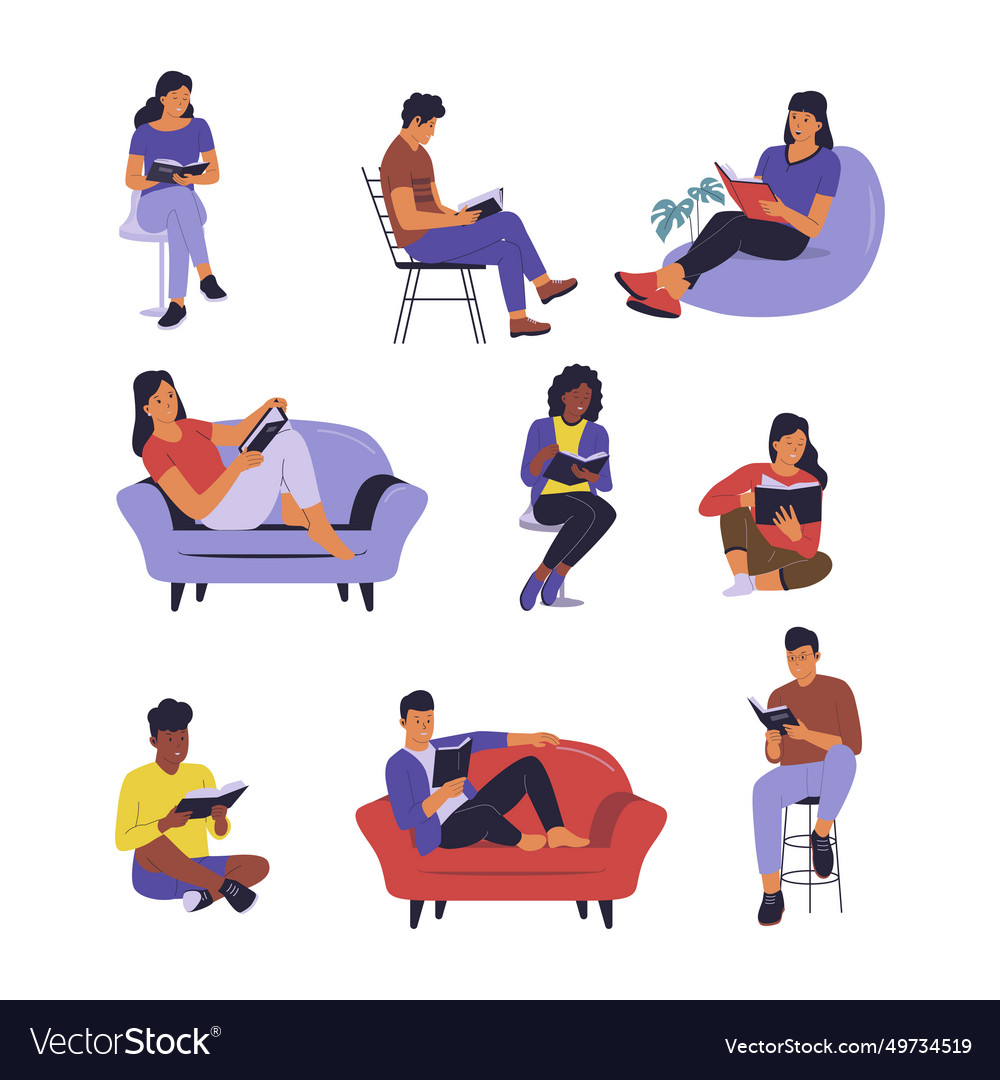 Collection of people reading book concept