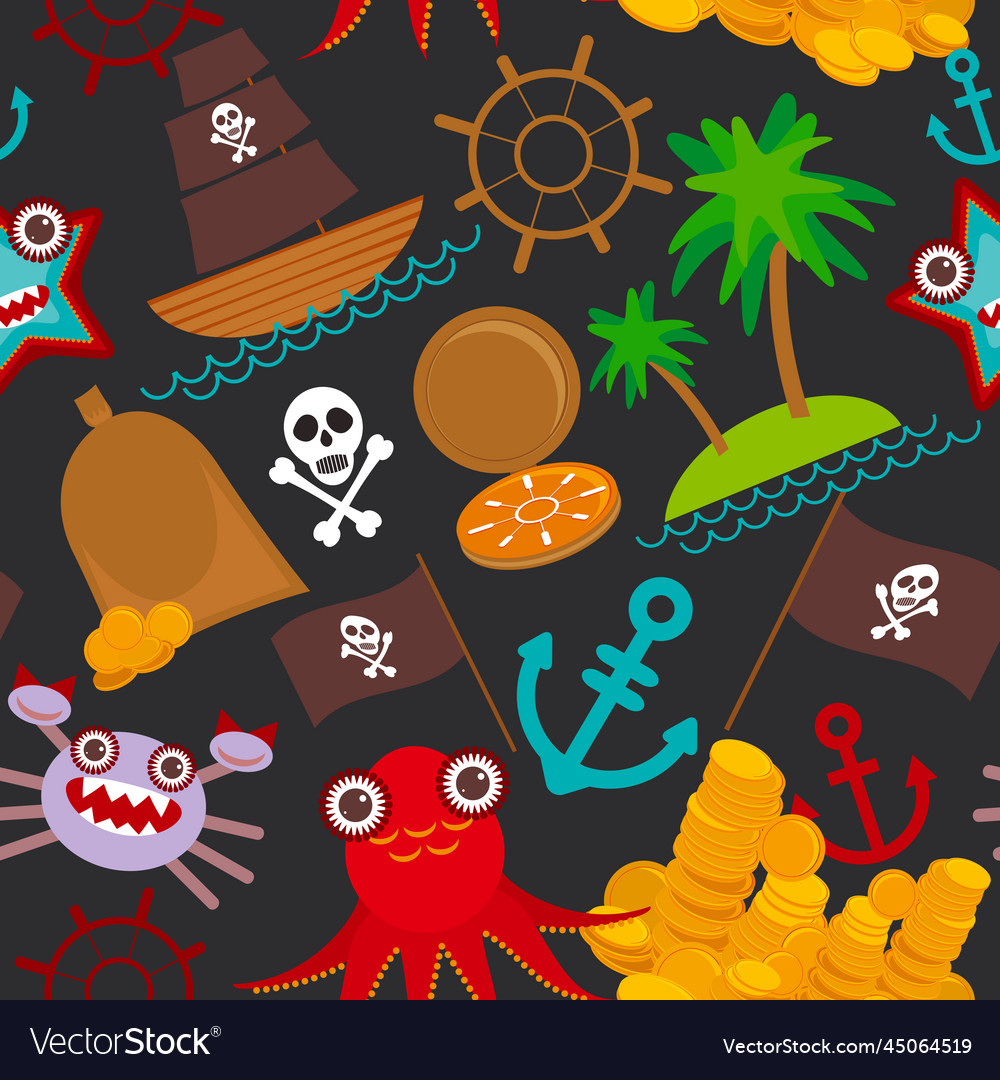 Marine seamless pirate pattern on black