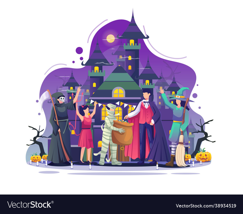 People wearing costumes celebrate halloween night Vector Image