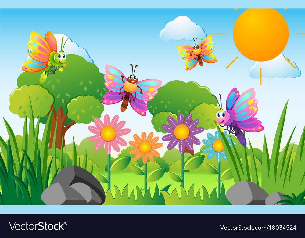 Butterflies flying in flower garden Royalty Free Vector