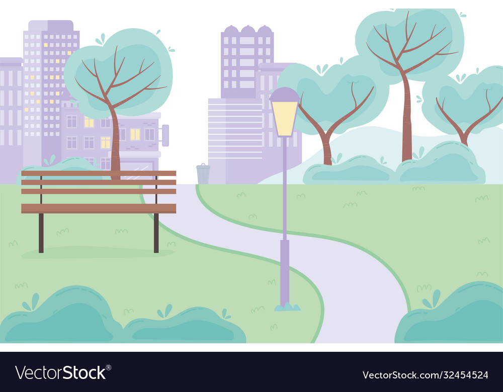 City street urban park road bench lamp trees grass