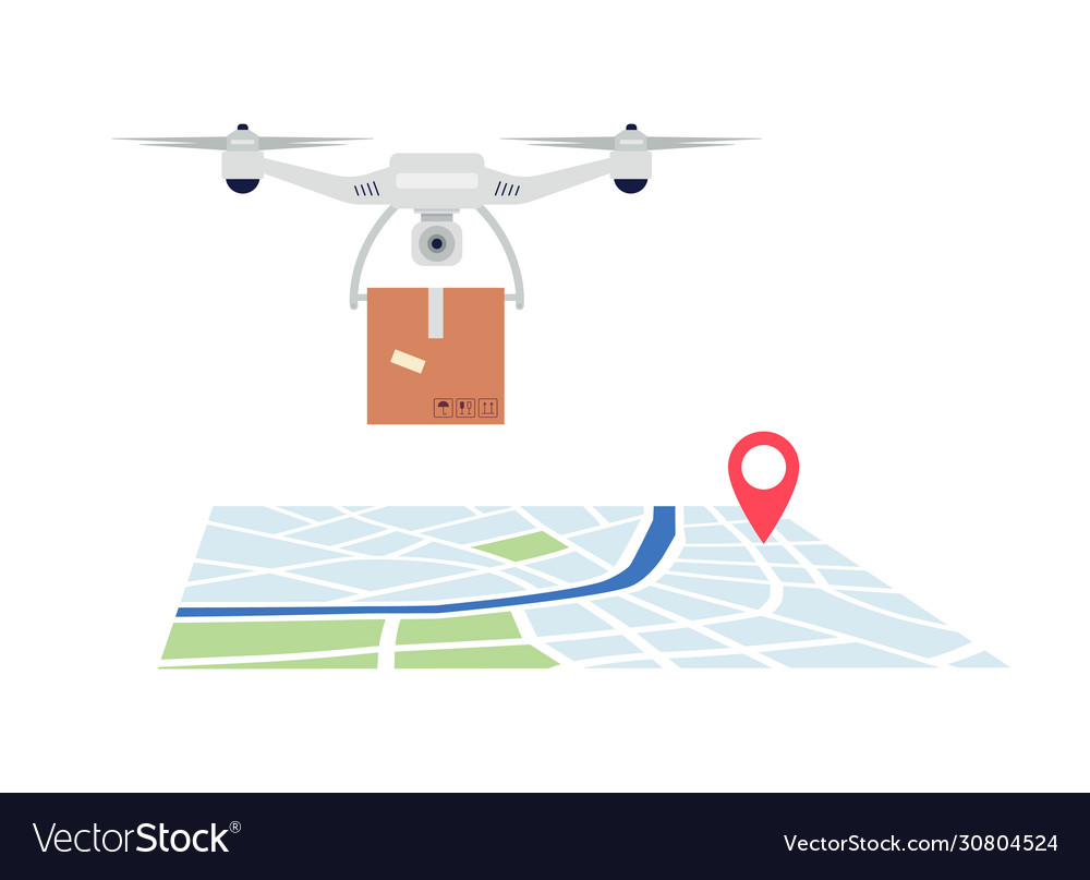 Delivery drone flying with package box over map