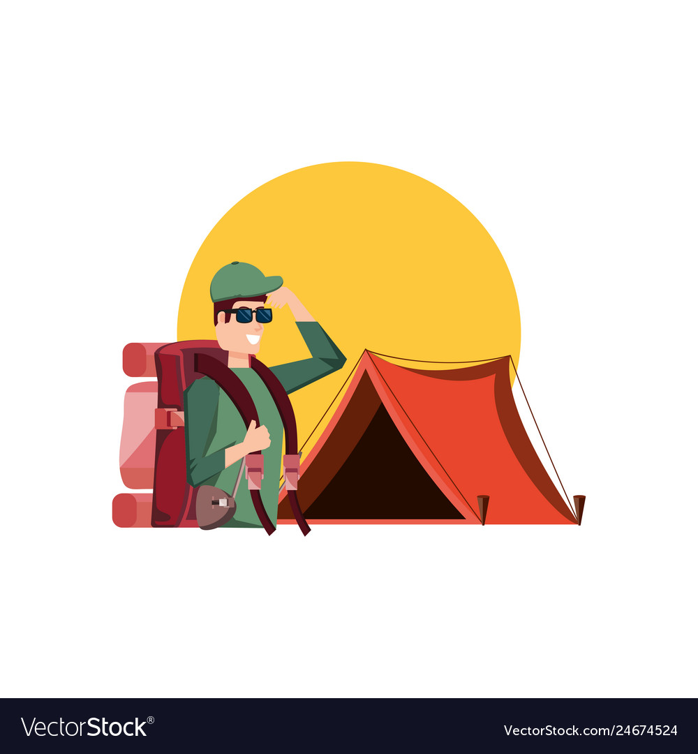 Traveler man with travel bag and tent camping