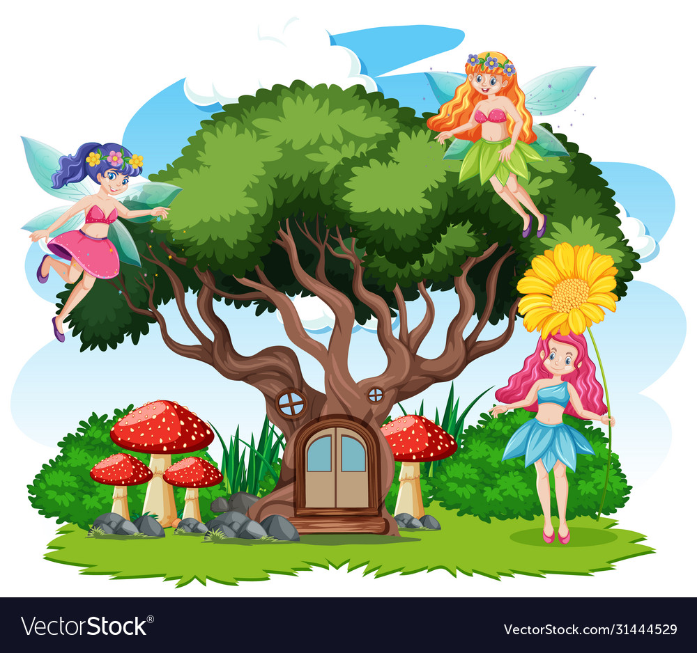 Fairy tales and tree house cartoon style on white Vector Image