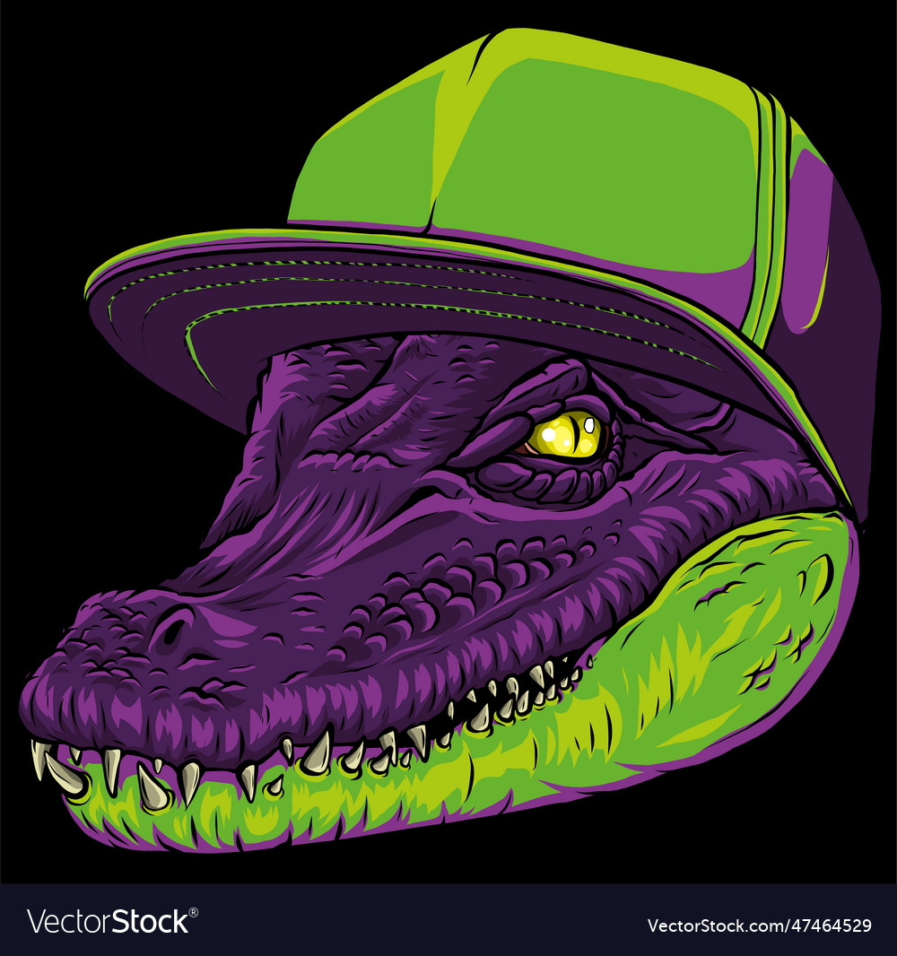 Green crocodile with hat on black background Vector Image