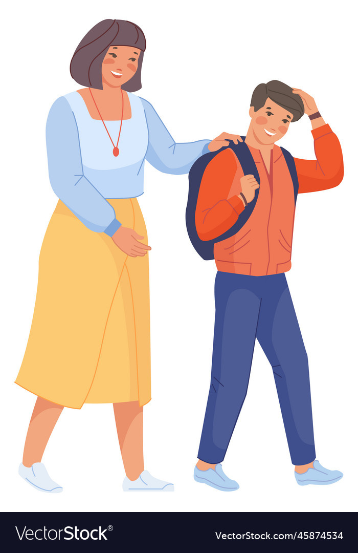 Mother walking with school boy happy family vector image Mother walking with school boy happy family