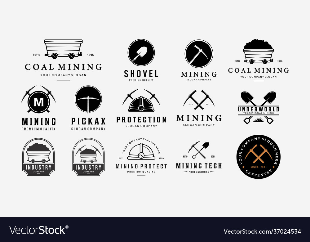 Set bundle mining vintage line art logo mine cart Vector Image